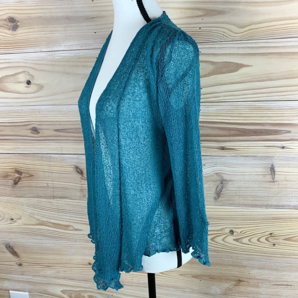 Lost River Clothing Cardigan Womens OS Teal Blue Boho Open Knit Ruffle Hem Rayon - Picture 2 of 7